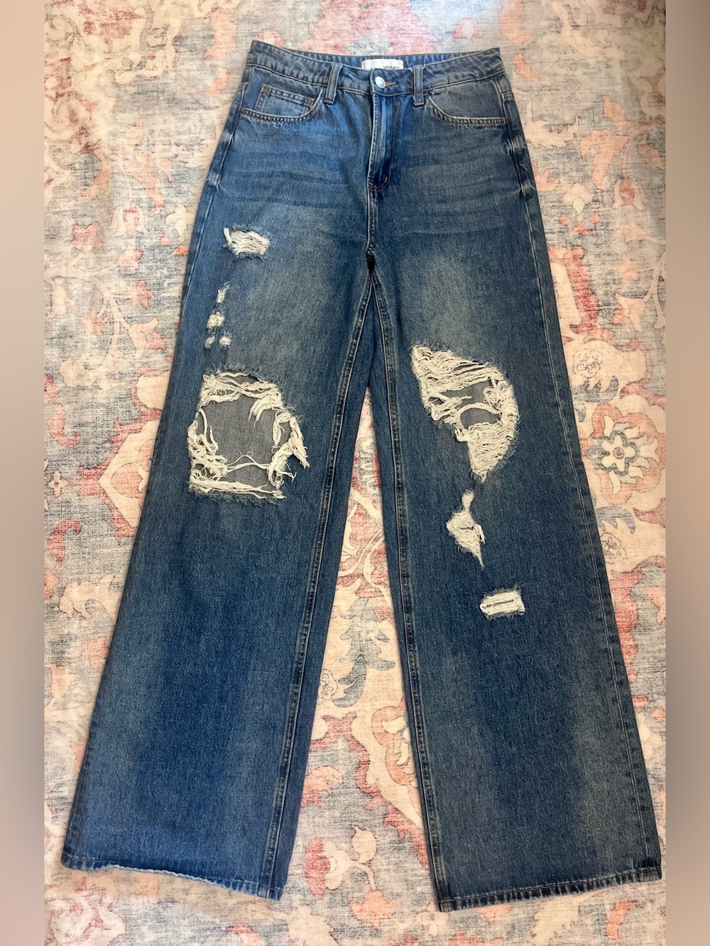 VERVET BY FLYING MONKEY Distressed Wide-Leg Jeans - Blue Denim